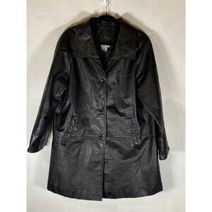 Via Accenti Black Genuine Leather Car Coat Long Jacket Large Minimalist Moto